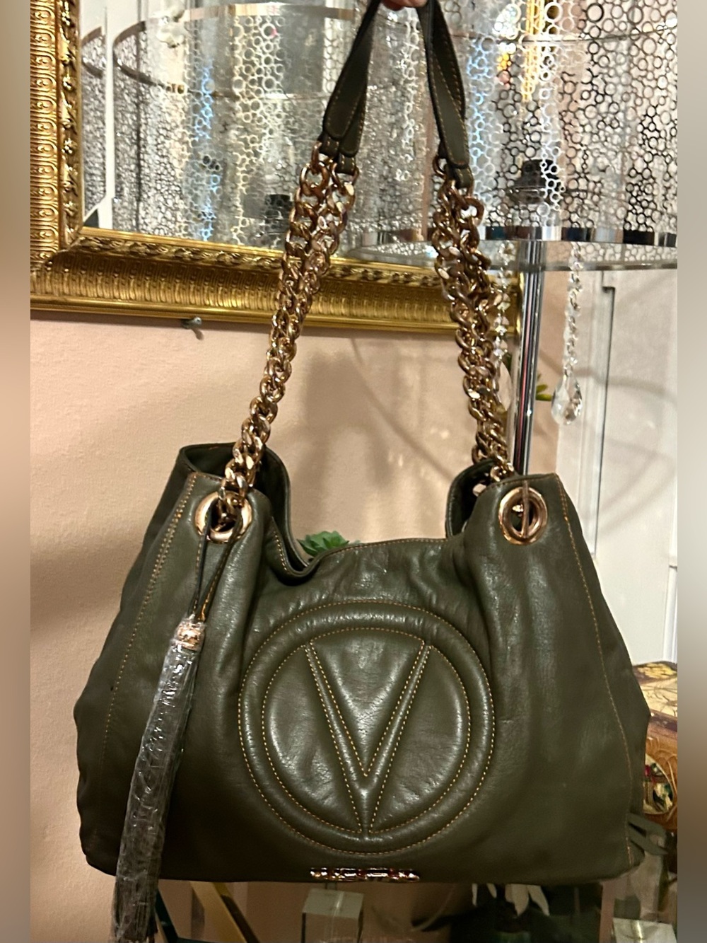 Mario Valentino Luisa Olive Green Leather Shoulder Bag Gold Chain Straps Tassel